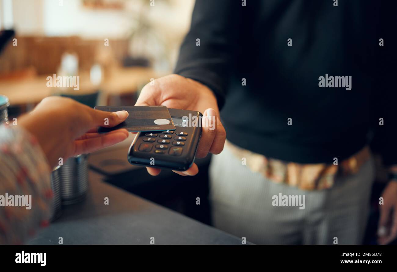 Credit card payment, pos and customer hands, store cashier or restaurant waiter with easy point of sale machine. Shopping, b2c commerce service or Stock Photo