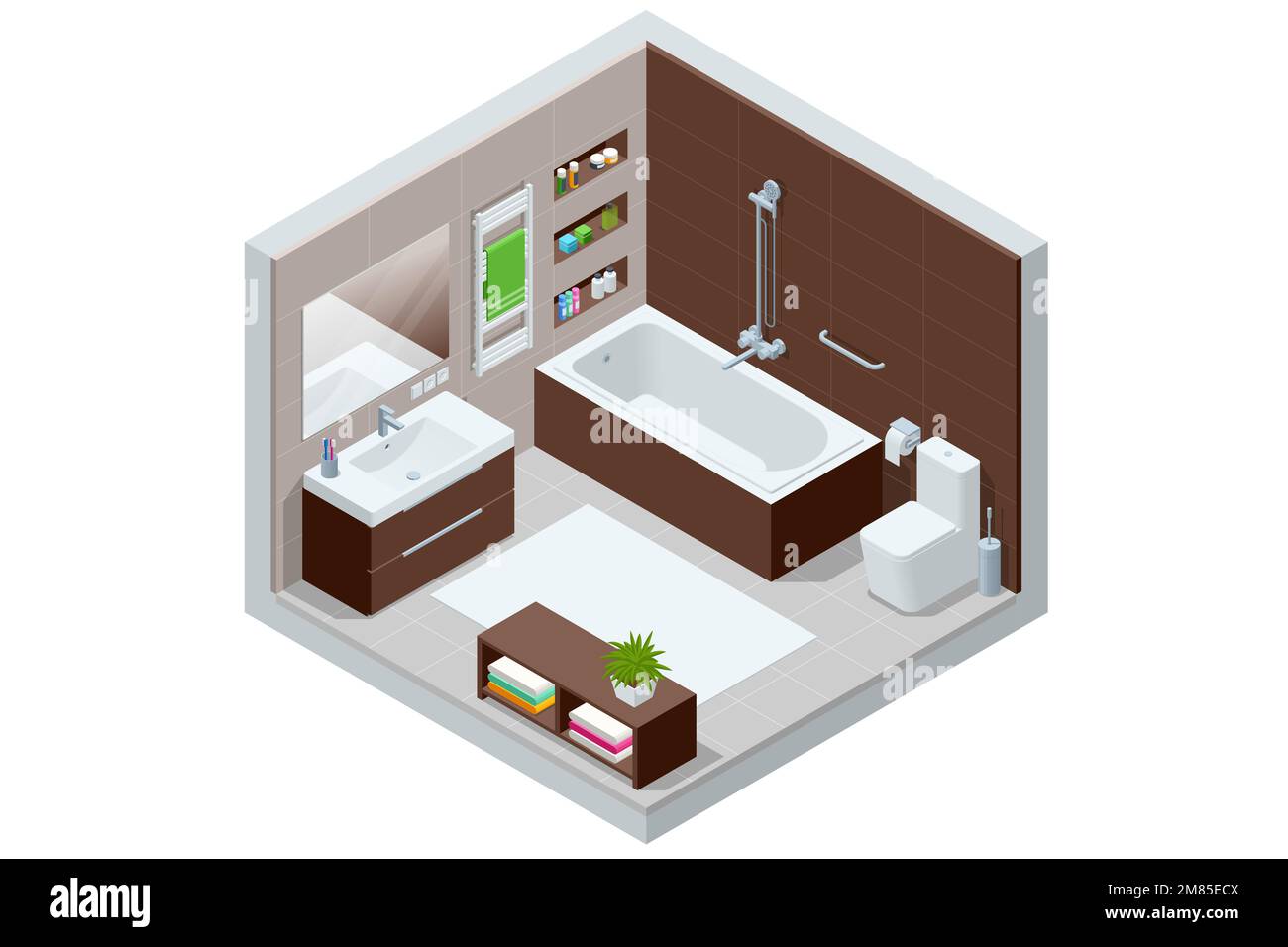 Isometric Modern bathroom interior with white toilet, mirror, sink and ...