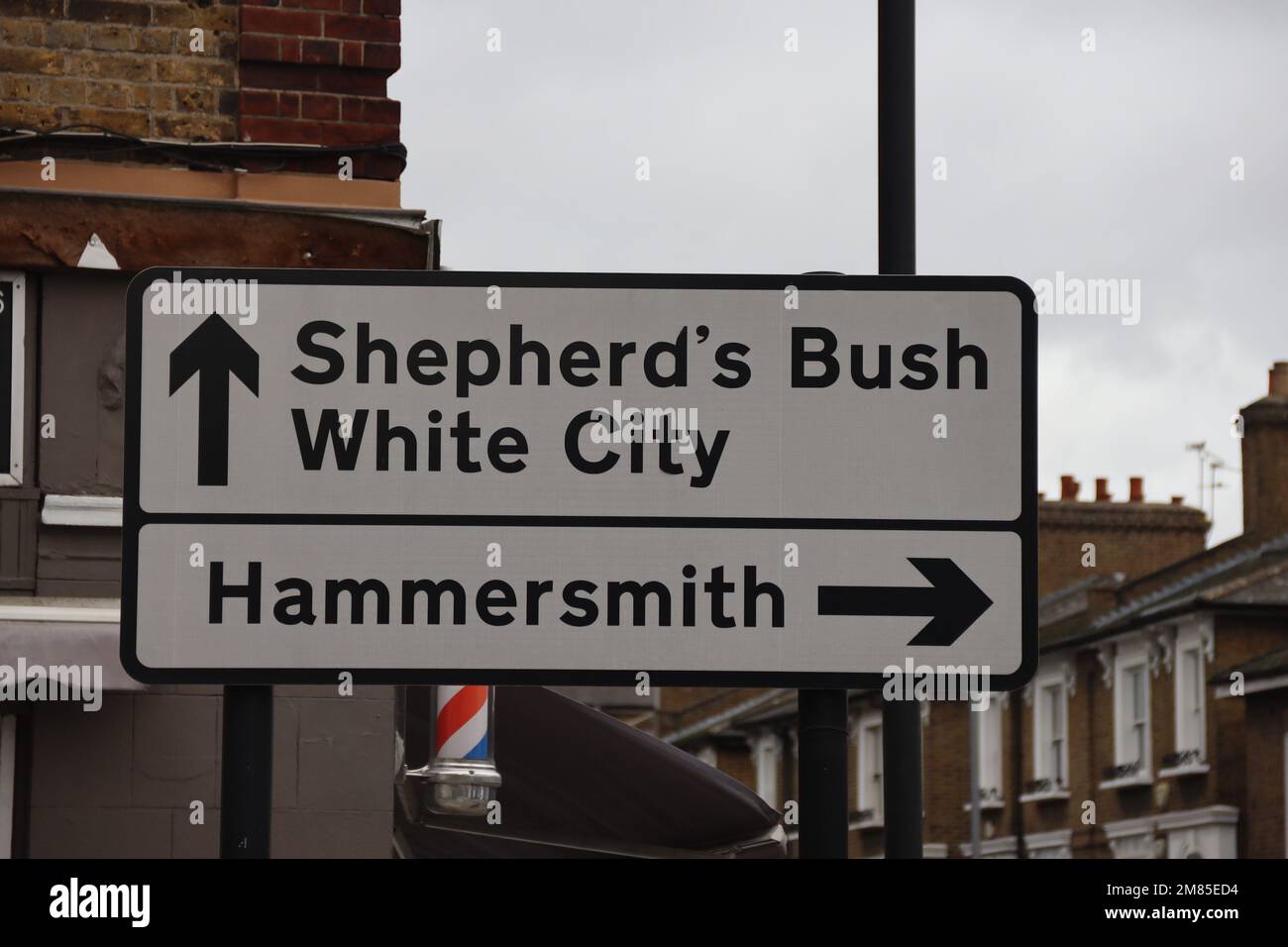 LONDON, UK - Jan, 11, 2023: Sign directing traffic towards Shepherd's Bush, White City and Hammersmith. Stock Photo