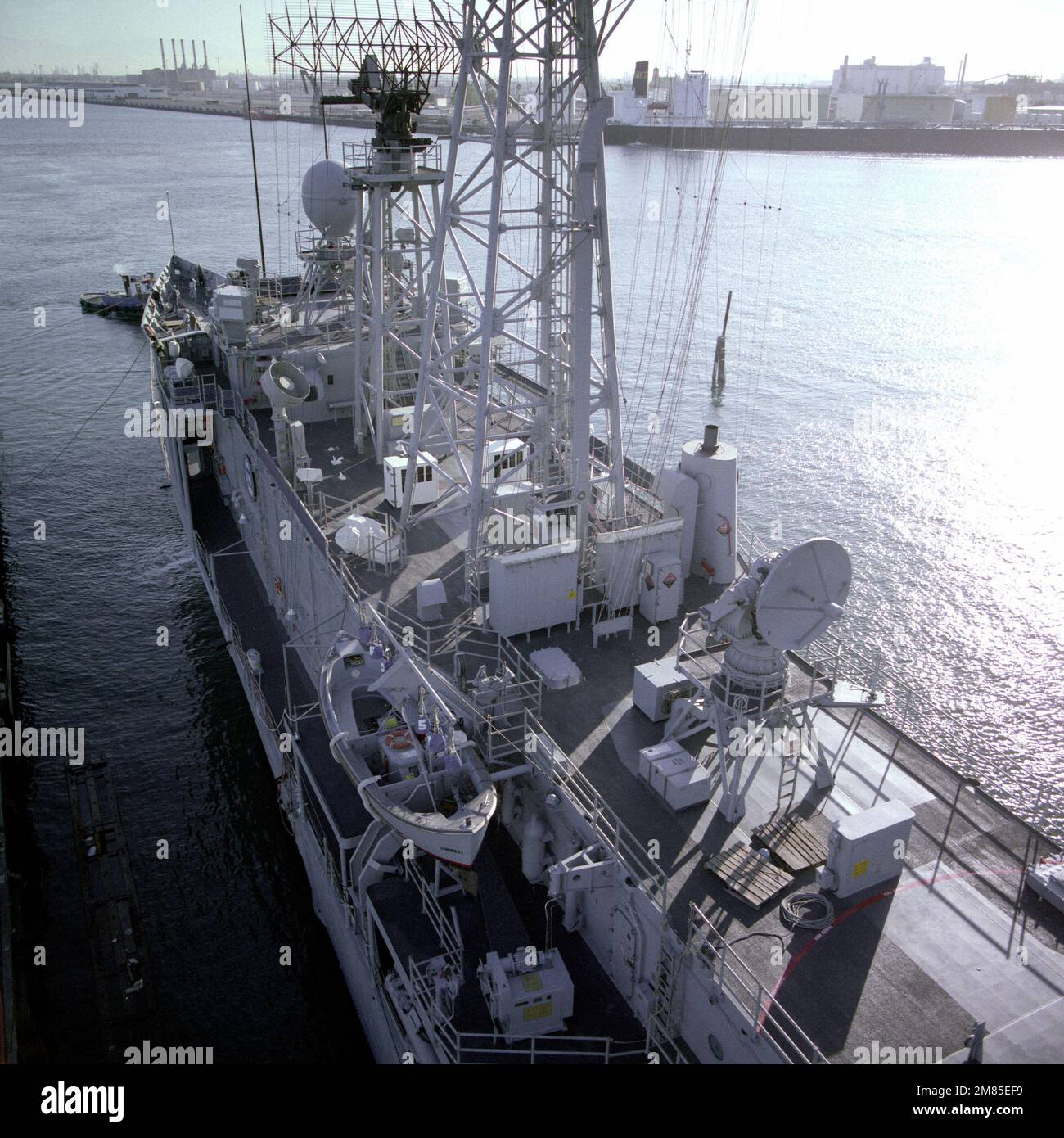 A view of the amidships section of the guided missile frigate USS FORD (FFG-54) during an inclining test. Base: Los Angeles State: California (CA) Country: United States Of America (USA) Stock Photo