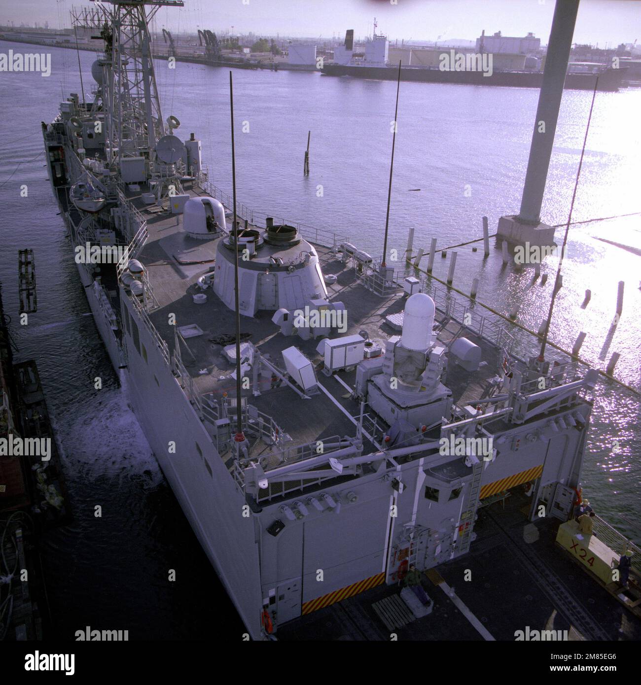 A port quarter of the guided missile frigate USS FORD (FFG-564) during an inclining test. Base: Los Angeles State: California (CA) Country: United States Of America (USA) Stock Photo