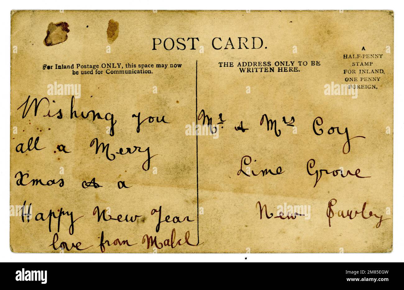 Original, charming unposted, handwritten Edwardian postcard  Circa. 1903, U.K. Stock Photo