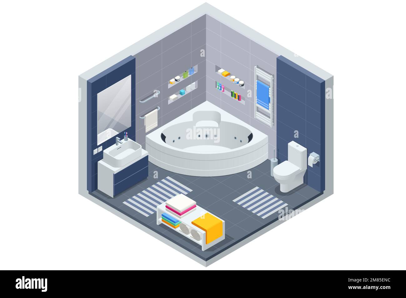 Isometric Modern bathroom interior with white toilet, mirror, sink and bathtub. Stock Vector