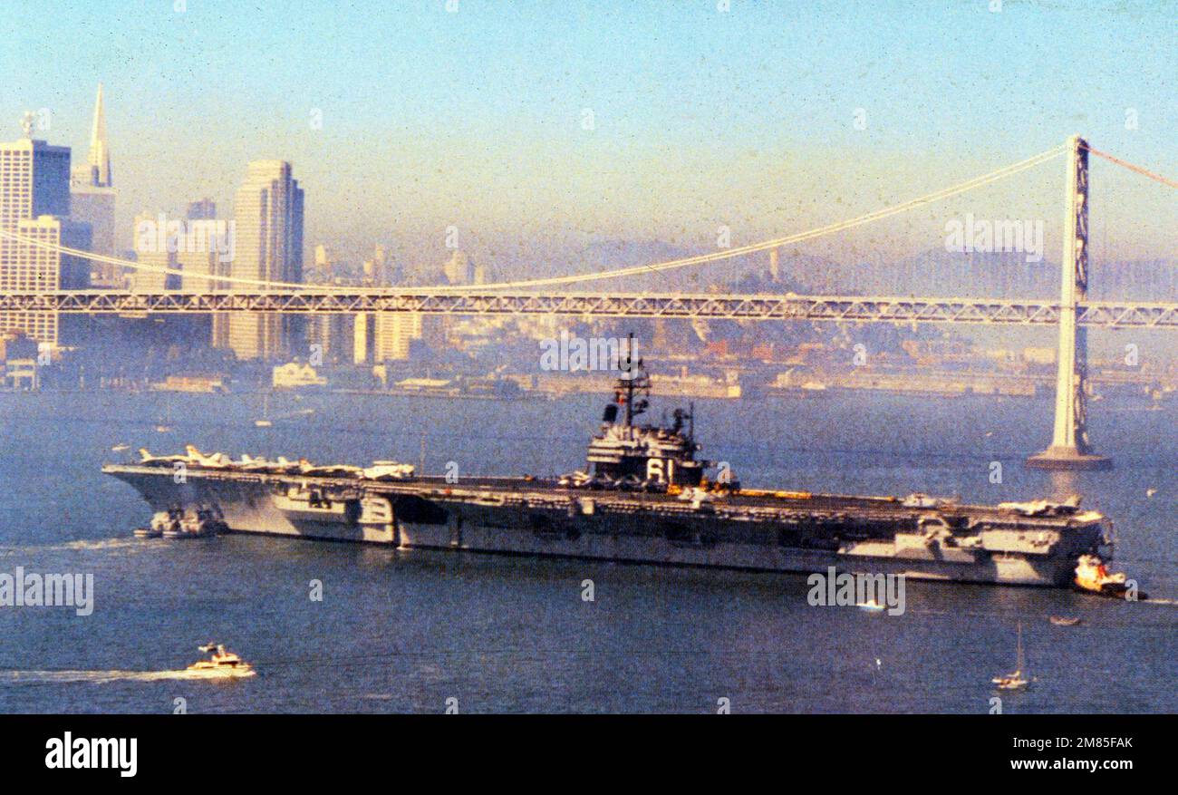 The seventh USS Ranger (CV/CVA-61) was the third of four Forrestal-class supercarriers built for the United States Navy in the 1950s. Although all four ships of the class were completed with angled decks, Ranger had the distinction of being the first US carrier built from the beginning as an angled-deck ship. Stock Photo