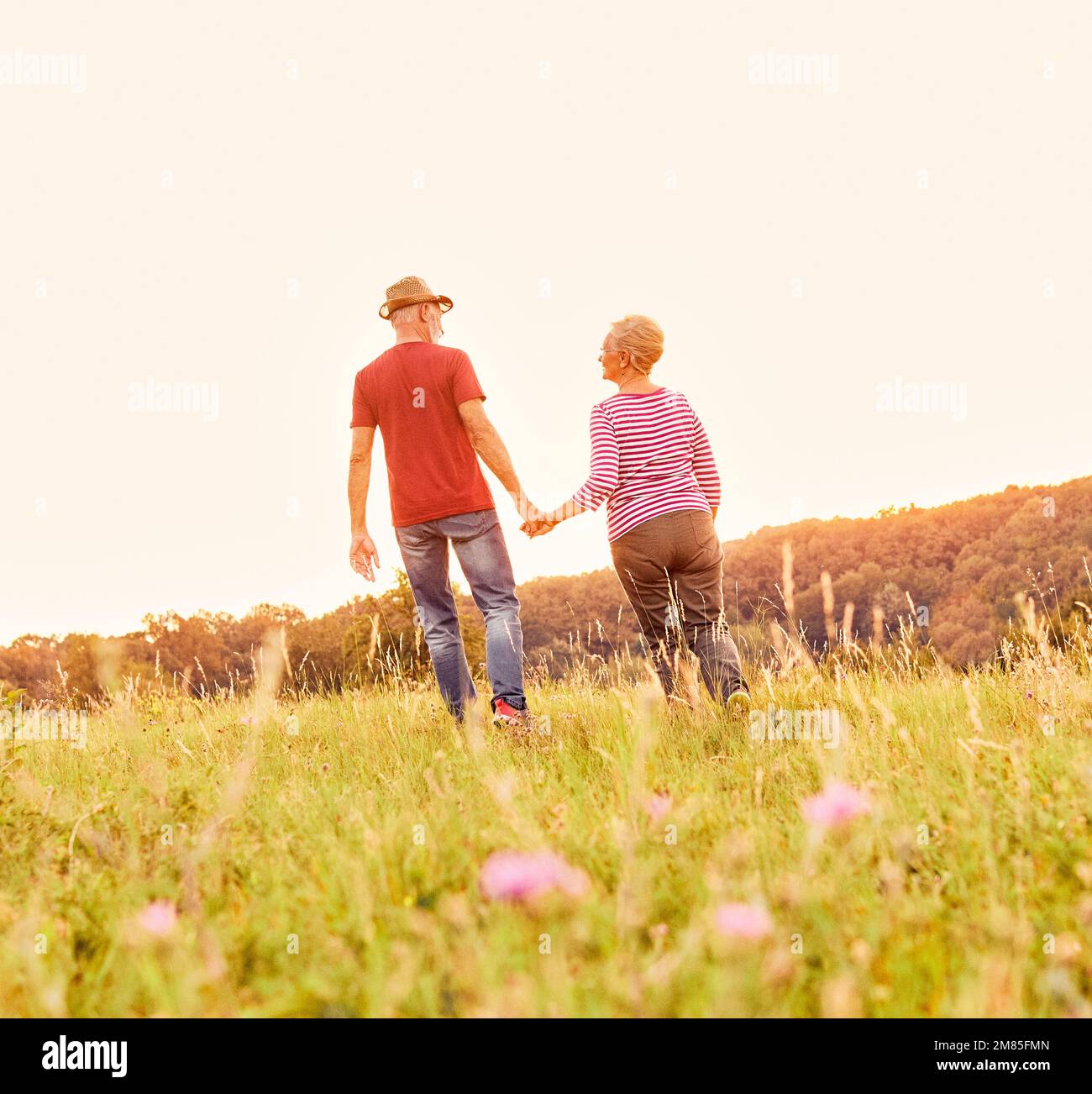 woman man outdoor senior couple happy lifestyle retirement together smiling love old nature mature back view walking future hope happy holding hands Stock Photo