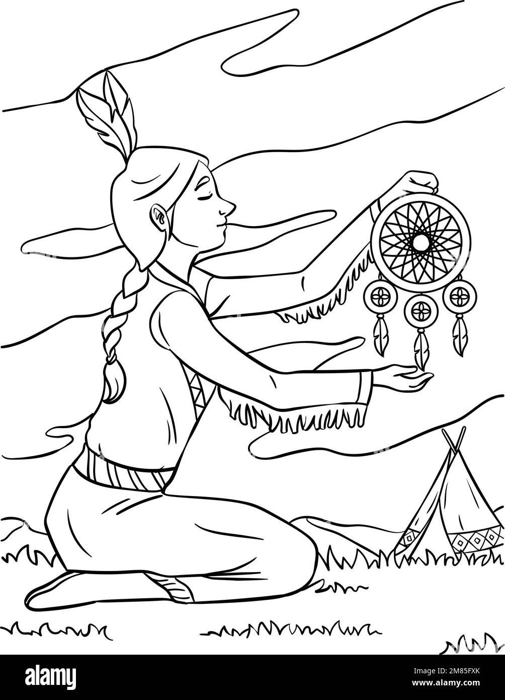 Native American Indian Girl Dreamcatcher Coloring  Stock Vector