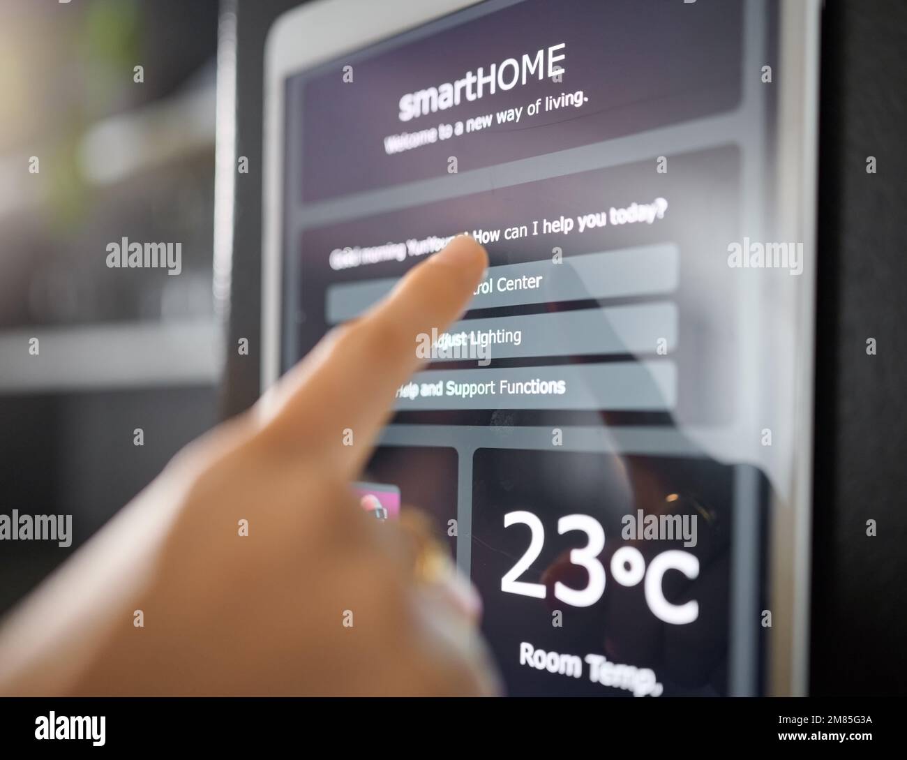 Smart home technology, wall and hands of woman with digital app monitor for thermostat heating, security network or house automation. AI software Stock Photo