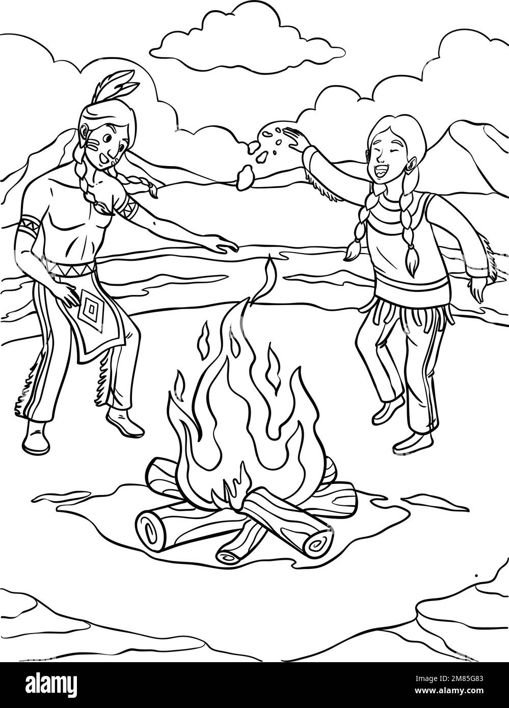 Native American Indian Fire Dancing Coloring Page  Stock Vector