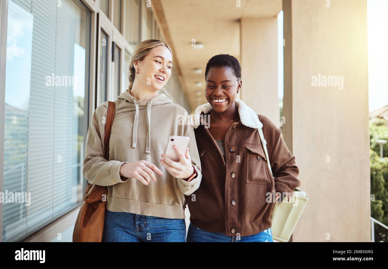 Smartphone, university and students walking with education, college or