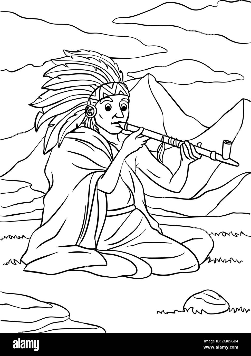 Native American Indian with Calumet Coloring Page Stock Vector