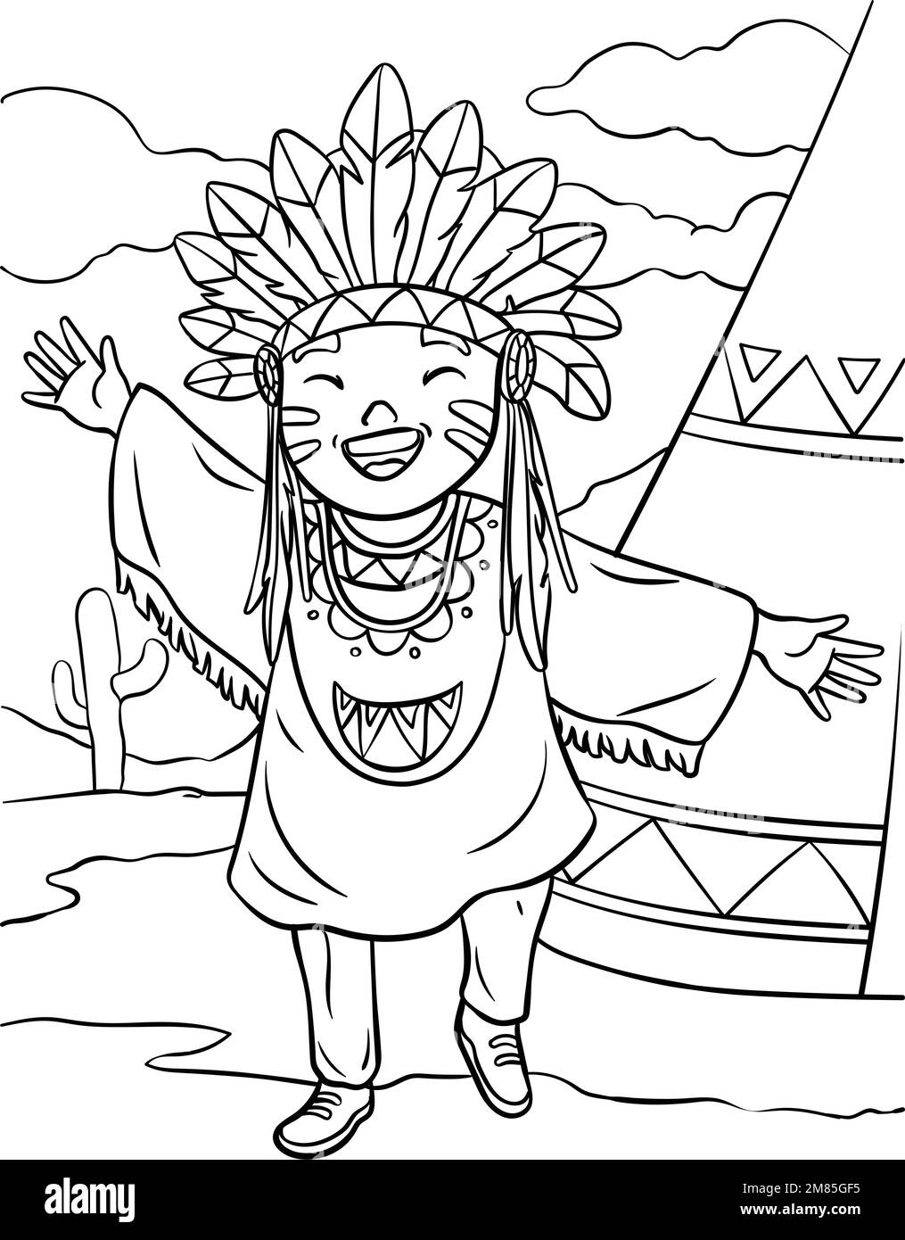 Happy Native American Indian Girl Coloring Page  Stock Vector