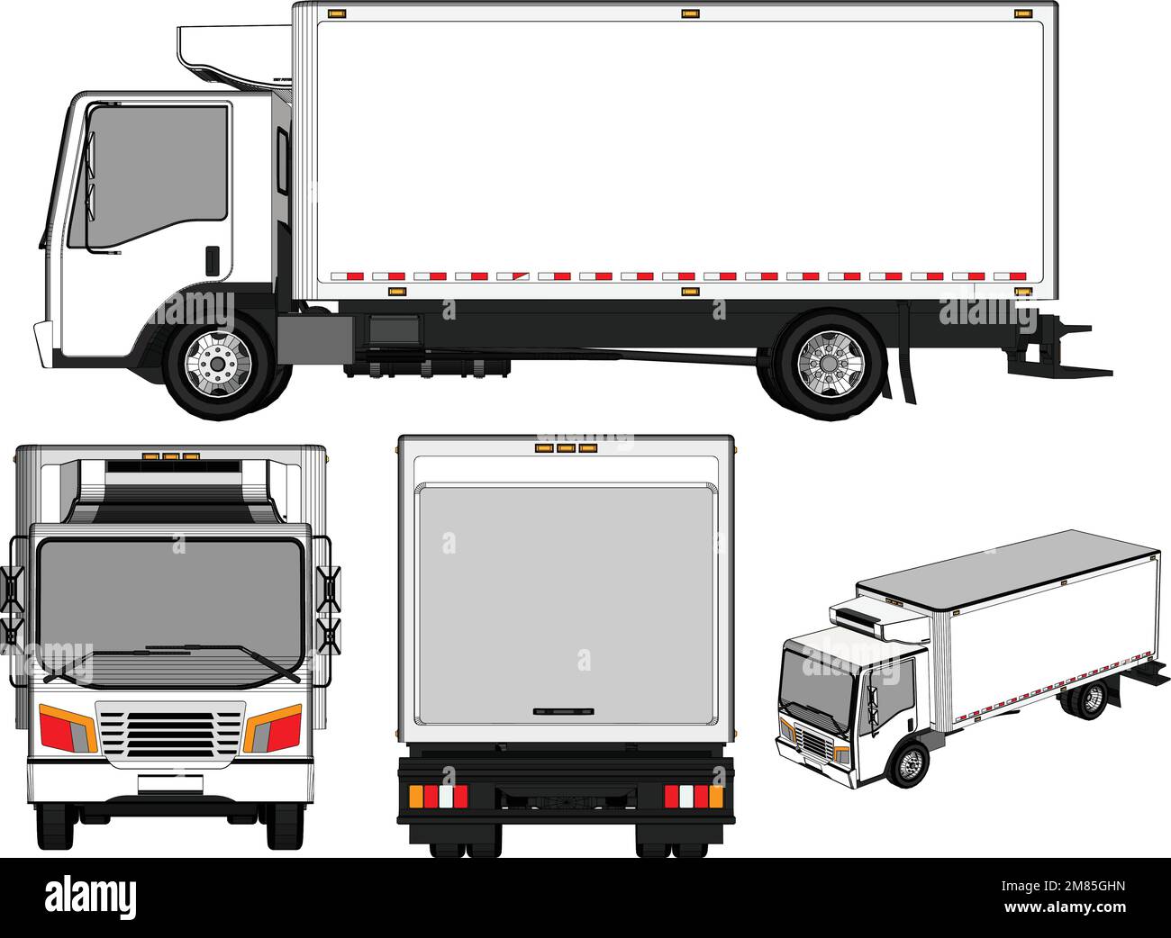 Cargo truck with trailer two angle set. Truck with open cargo door. Vector flat style illustration. Stock Vector