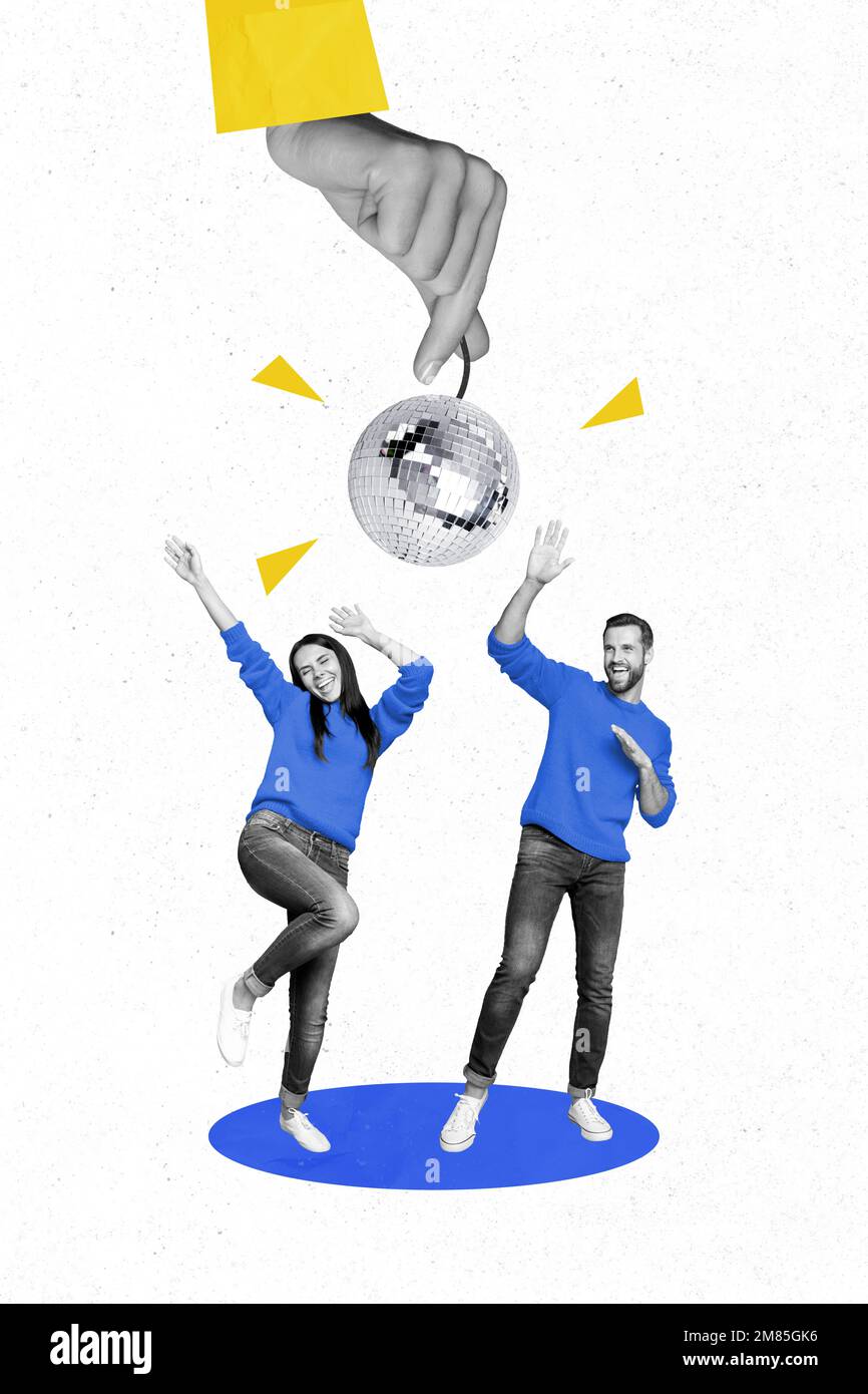 Vertical collage picture of two small excited people dancing arm fingers black white gamma hold disco ball isolated on painted background Stock Photo
