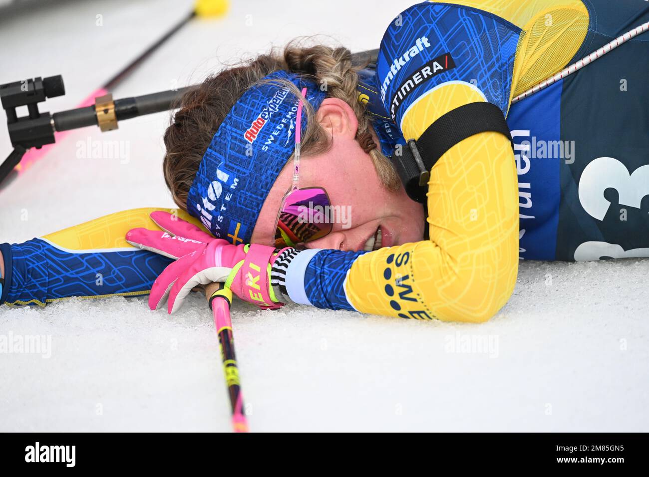 Ruhpolding, Germany. 12th Jan, 2023. Biathlon: World Cup, individual 15 km, women: Elvira Öberg from Sweden exhausted at the finish. Credit: Sven Hoppe/dpa/Alamy Live News Stock Photo
