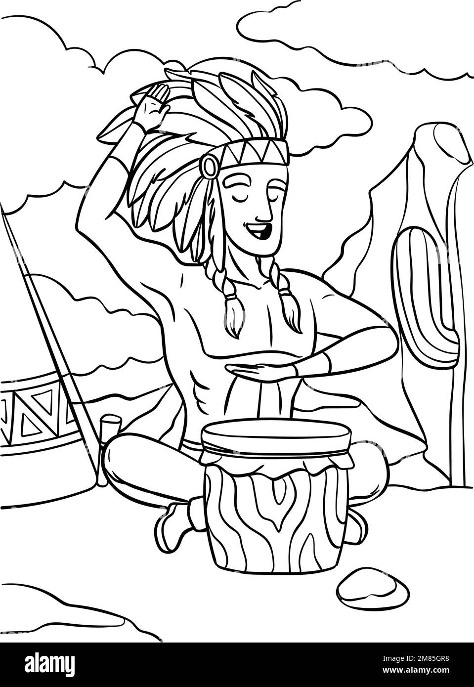 Native American Indian with Drum Coloring Page Stock Vector