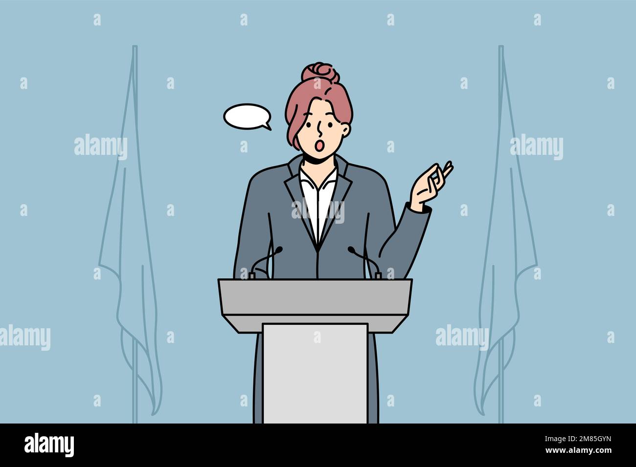 Businesswoman with speech bubble above head speak at conference. Female employee in formalwear make presentation at business meeting or seminar. Vector illustration.  Stock Vector