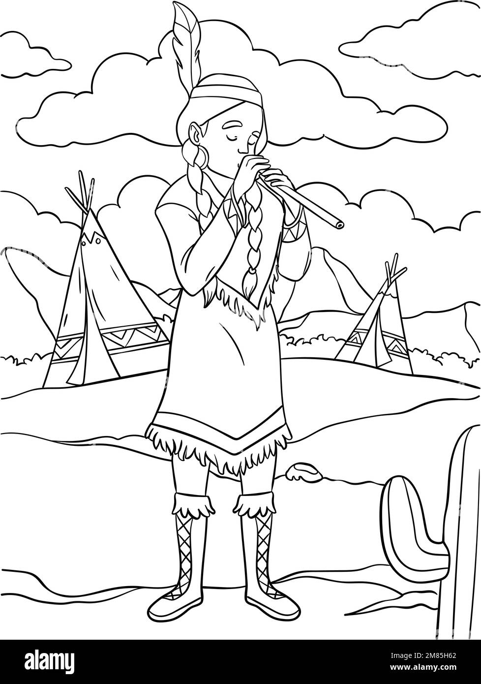 Native American Indian Girl Playing Flute Coloring Stock Vector