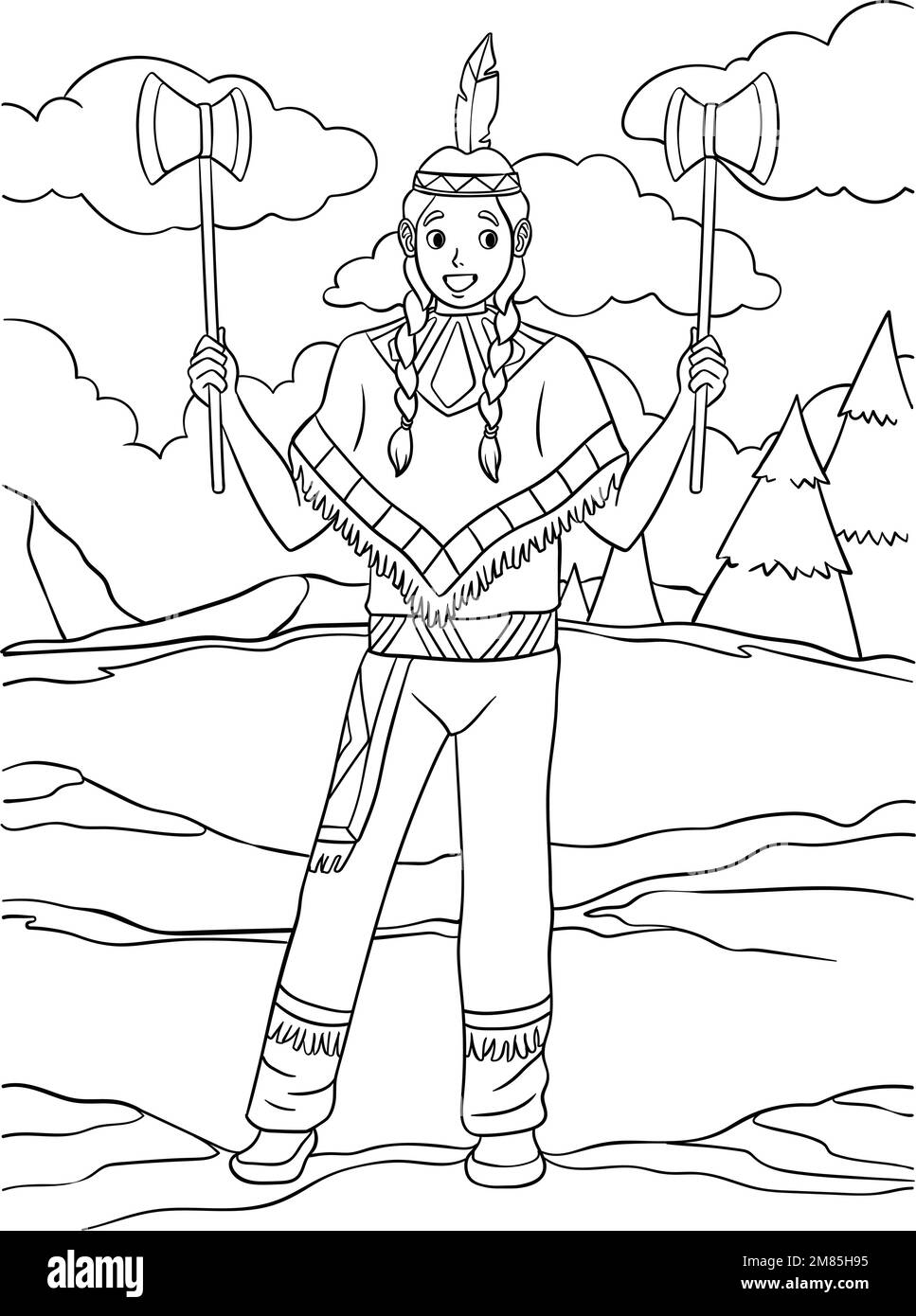 Native American Indian With Tomahawk Coloring Page Stock Vector