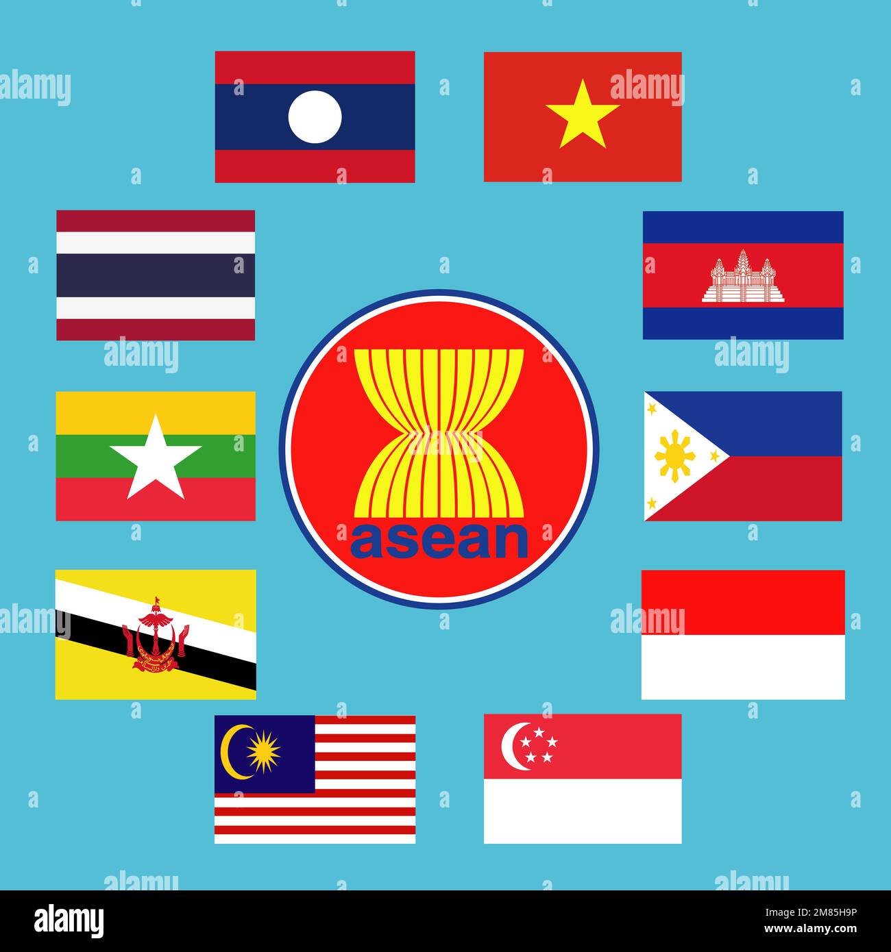 ASEAN . Association of Southeast Asian Nations and membership . Waving flags design . Southeast asia map background . Vector . Stock Vector