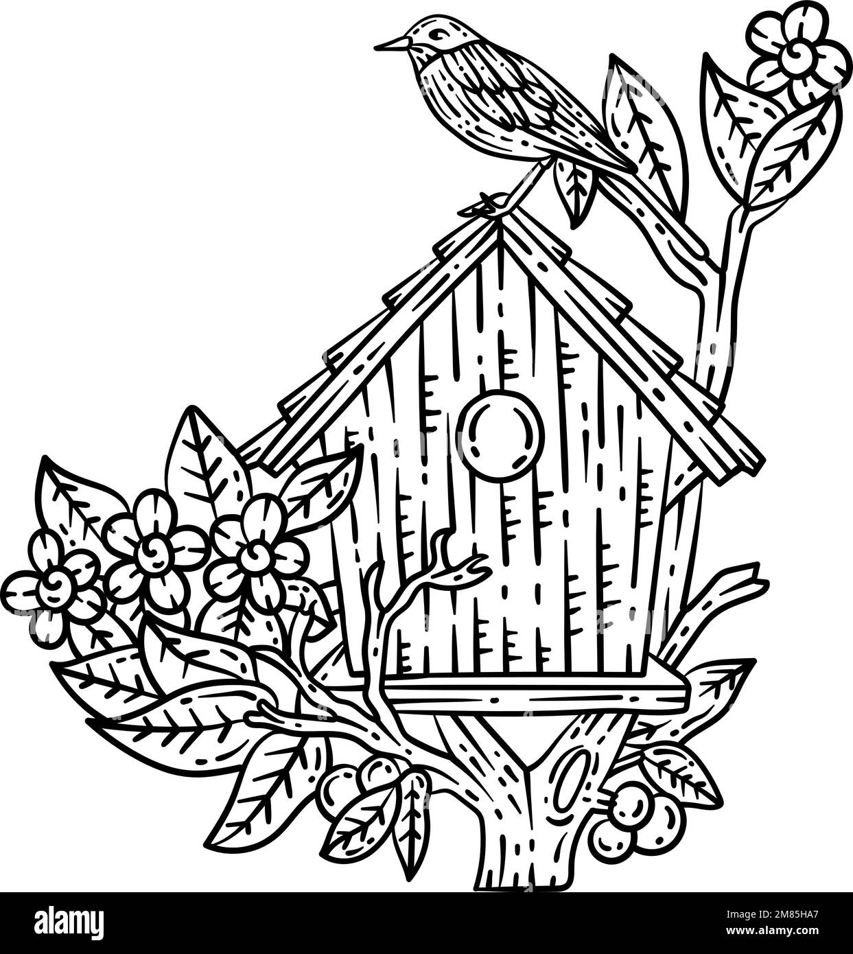Bird House Spring Coloring Page for Adults Stock Vector
