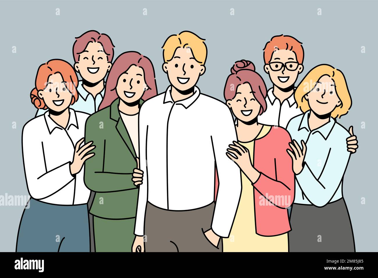 Smiling employees posing together with male leader or boss. Happy work
