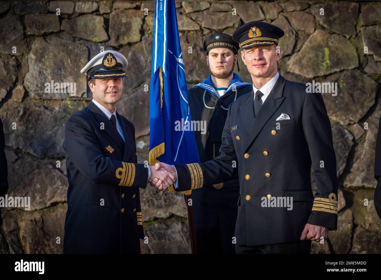 Oslo 20230112.Incoming force commander Ole Torstein Sjo and outgoing force commander Ott Laanemets during the ceremony at Akershus fortress. Norway takes over NATO's standing mine clearance force in Northern Europe. On Thursday, a transfer of command was carried out between the outgoing Estonian staff and the incoming Norwegian staff in Fanehallen at Akershus Fortress. Photo: Ole Berg-Rusten / NTB Stock Photo
