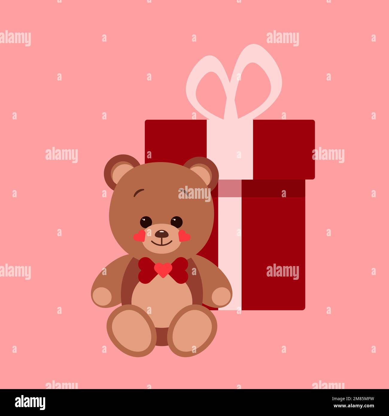 Cute teddy bear with gift box, greeting card, vector illustration Stock ...