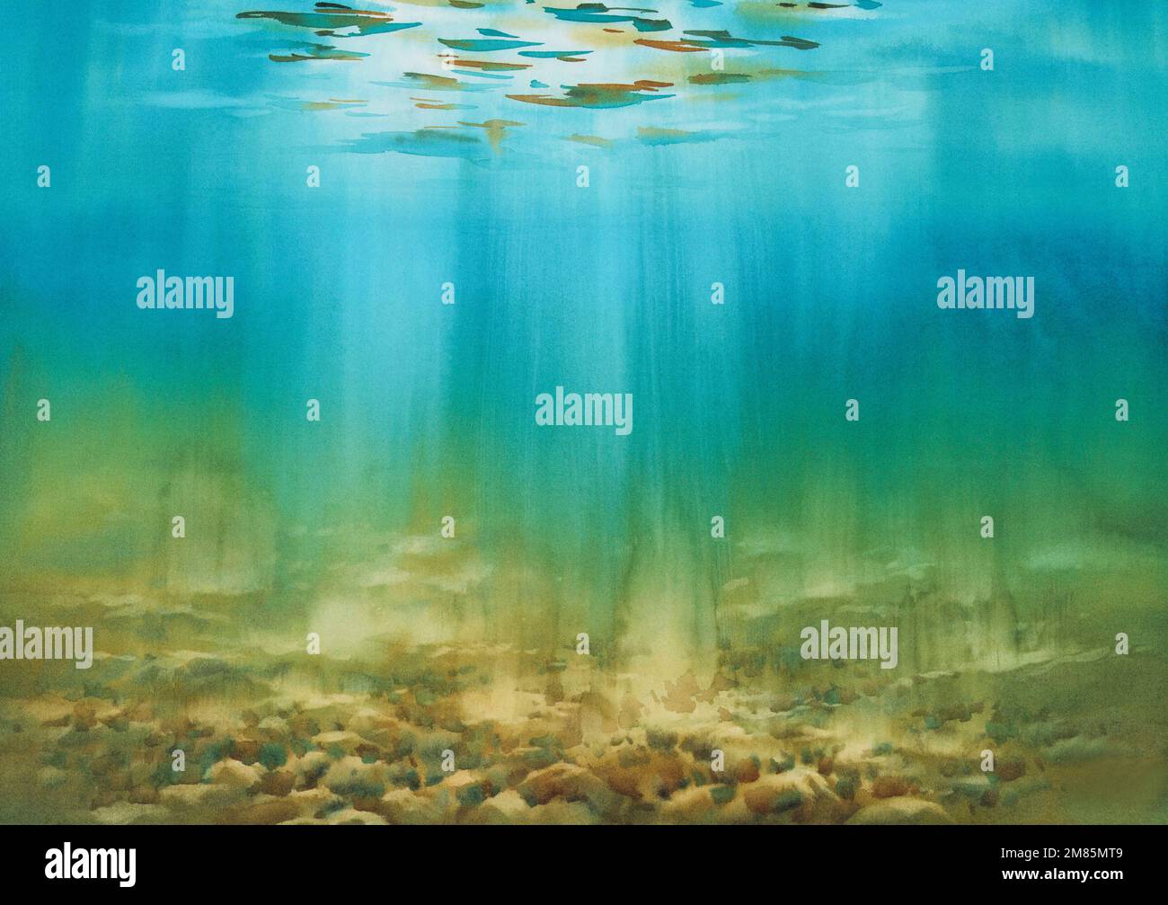 Sea underwater. Light rays on the blue watercolor background Stock