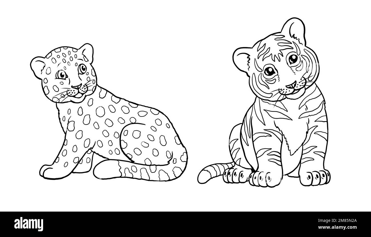 Cute leopard and tiger babies to color in. Template for a coloring book with funny animals. Coloring template for kids. Stock Photo