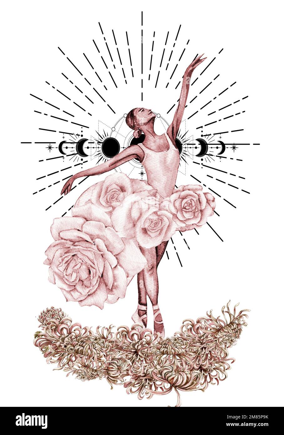 Watercolor dancing pink pretty ballerina with flowers and moon. Watercolor hand drawn illustration. Can be used for cards or posters Stock Photo Alamy