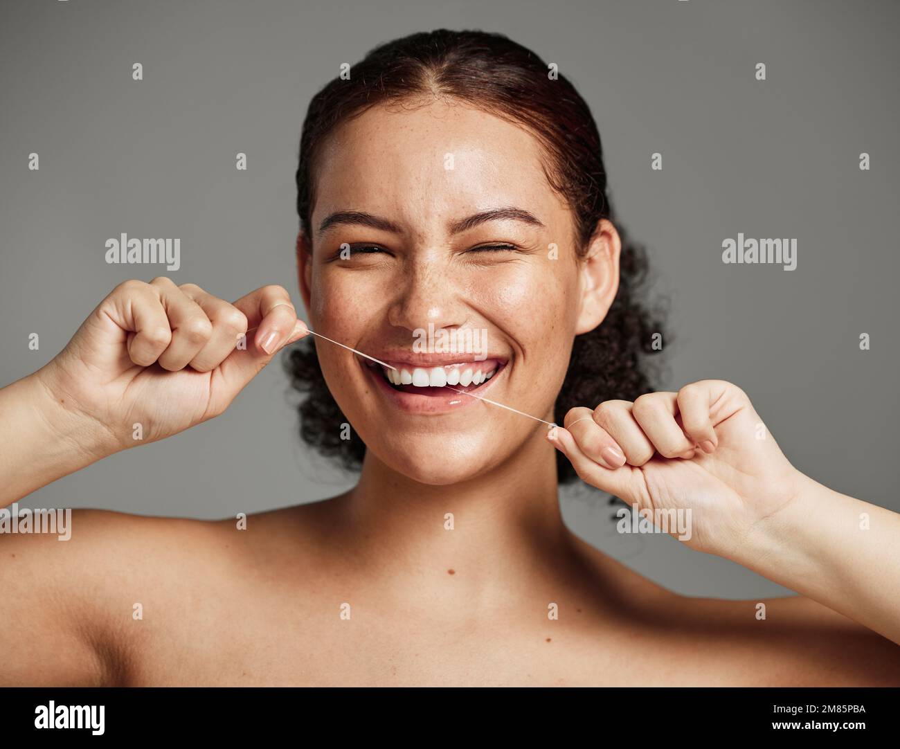 Dental floss, flossing teeth and woman with a smile for oral hygiene