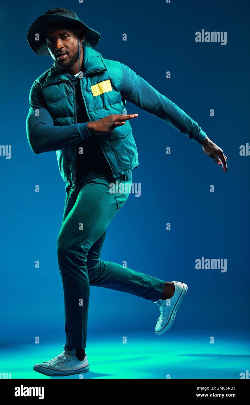 Fashion neon and portrait of black man on blue background with