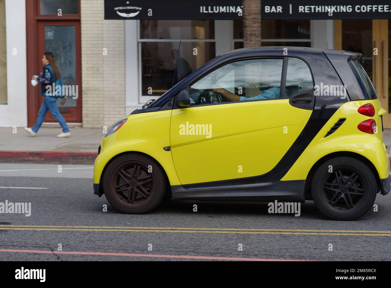 Pasadena, California, United States - January 1, 2023: Smart Fortwo electric car shown on Colorado Boulevard in the City of Pasadena on New Year's Day Stock Photo