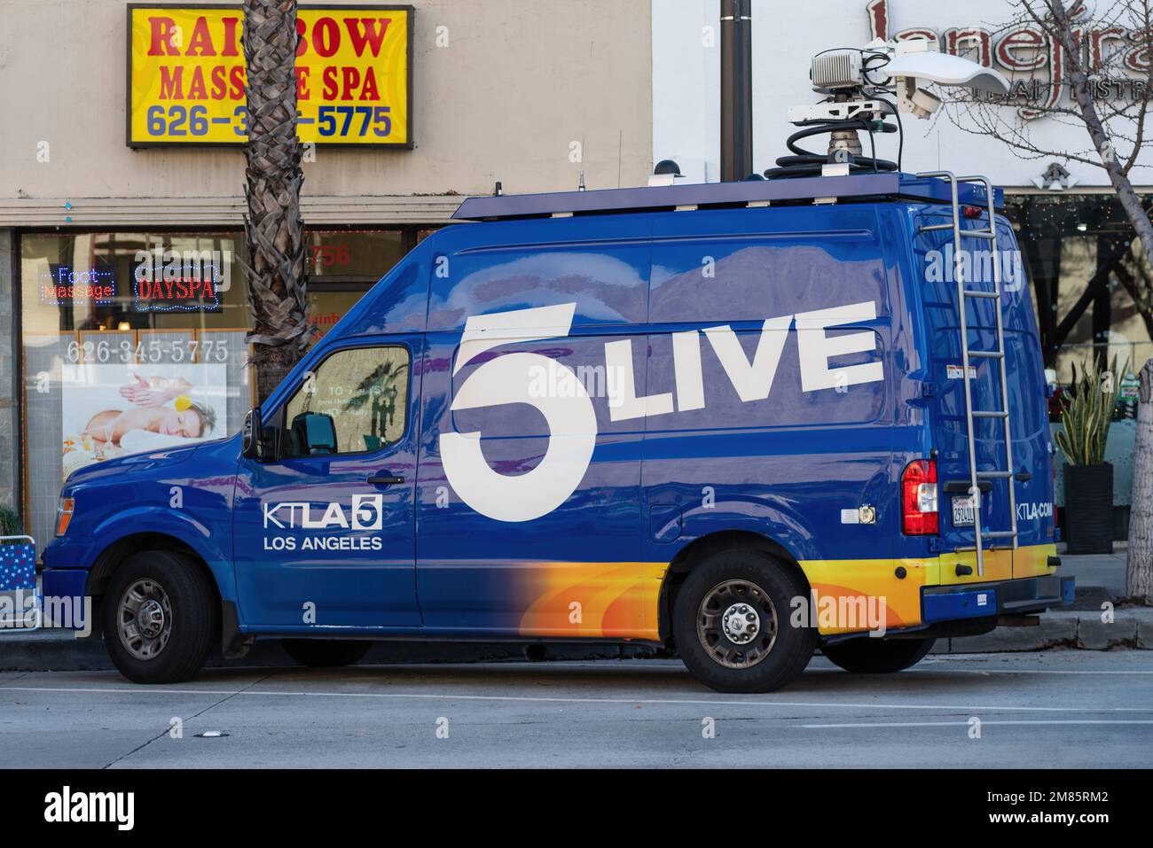 KTLA 5 news van shown parked in the City of Pasadena in Los Angeles County. Stock Photo