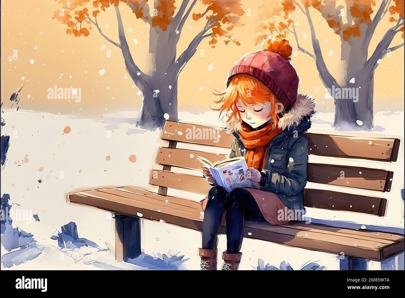 a cute young anime manga girl reading a book on a bench in winter, warm hat  Stock Photo - Alamy