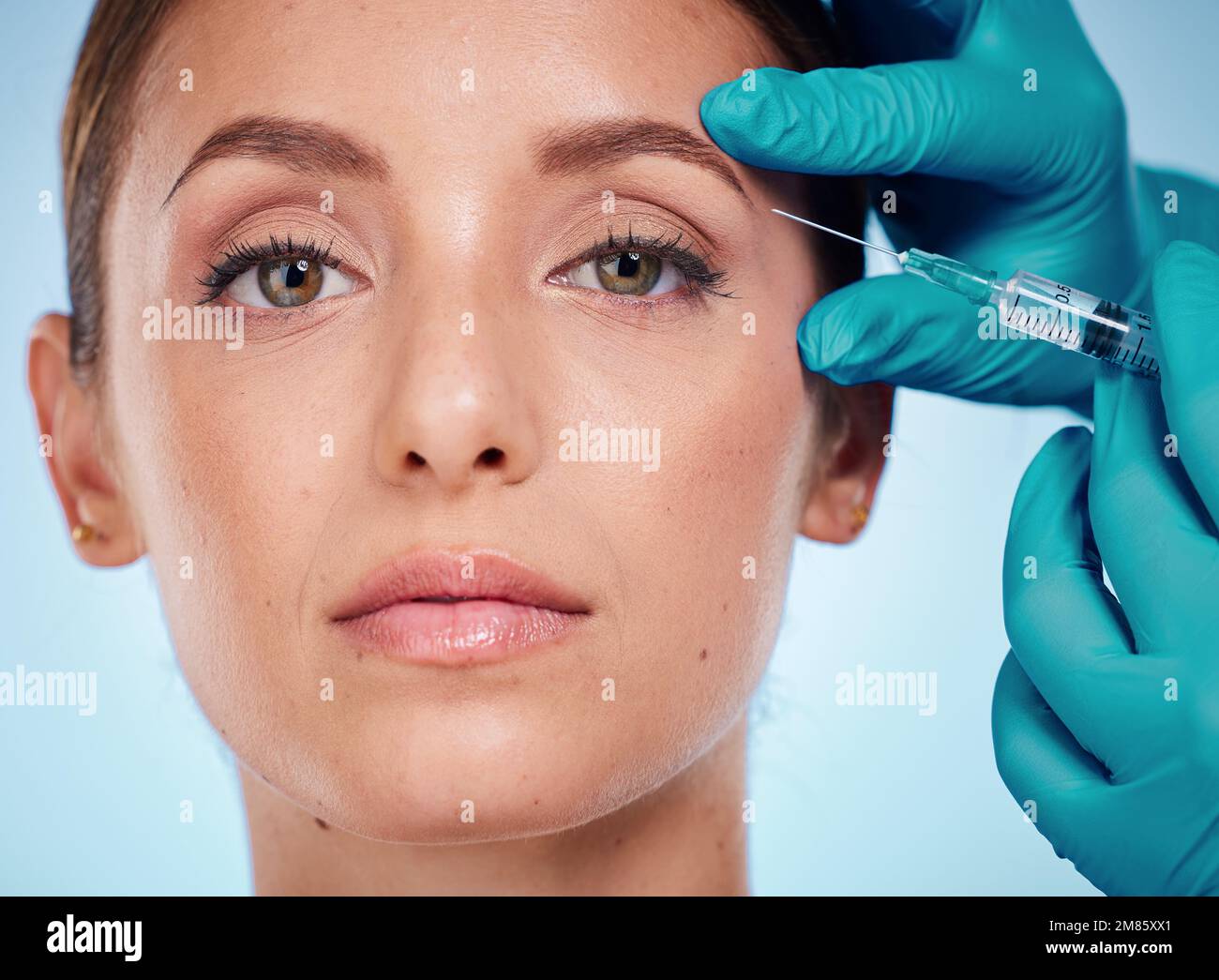 Plastic surgery, skincare and woman with injection, healthcare and on