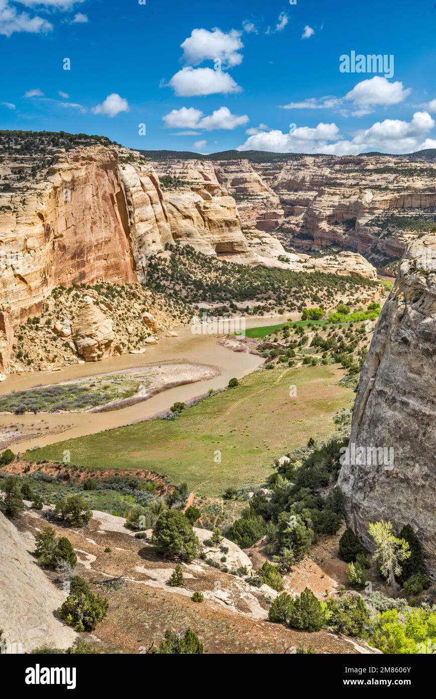 Yampa Canyon of Yampa River, Castle Park Overlook, rafts in very far distance, Yampa Bench Road