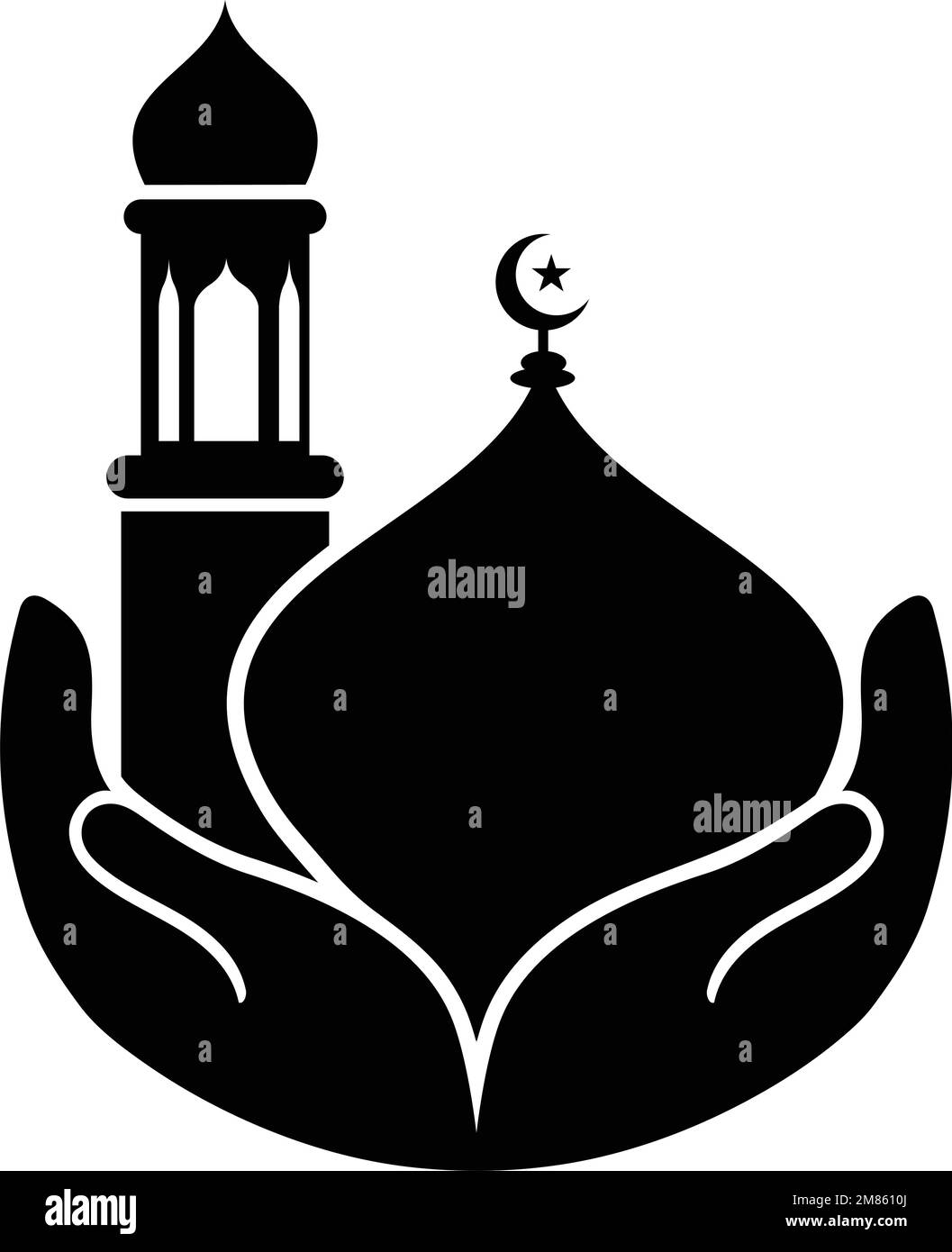 Two Hands holding mosque dome with minar icon vector. Islamic Festival related icon. Stock Vector