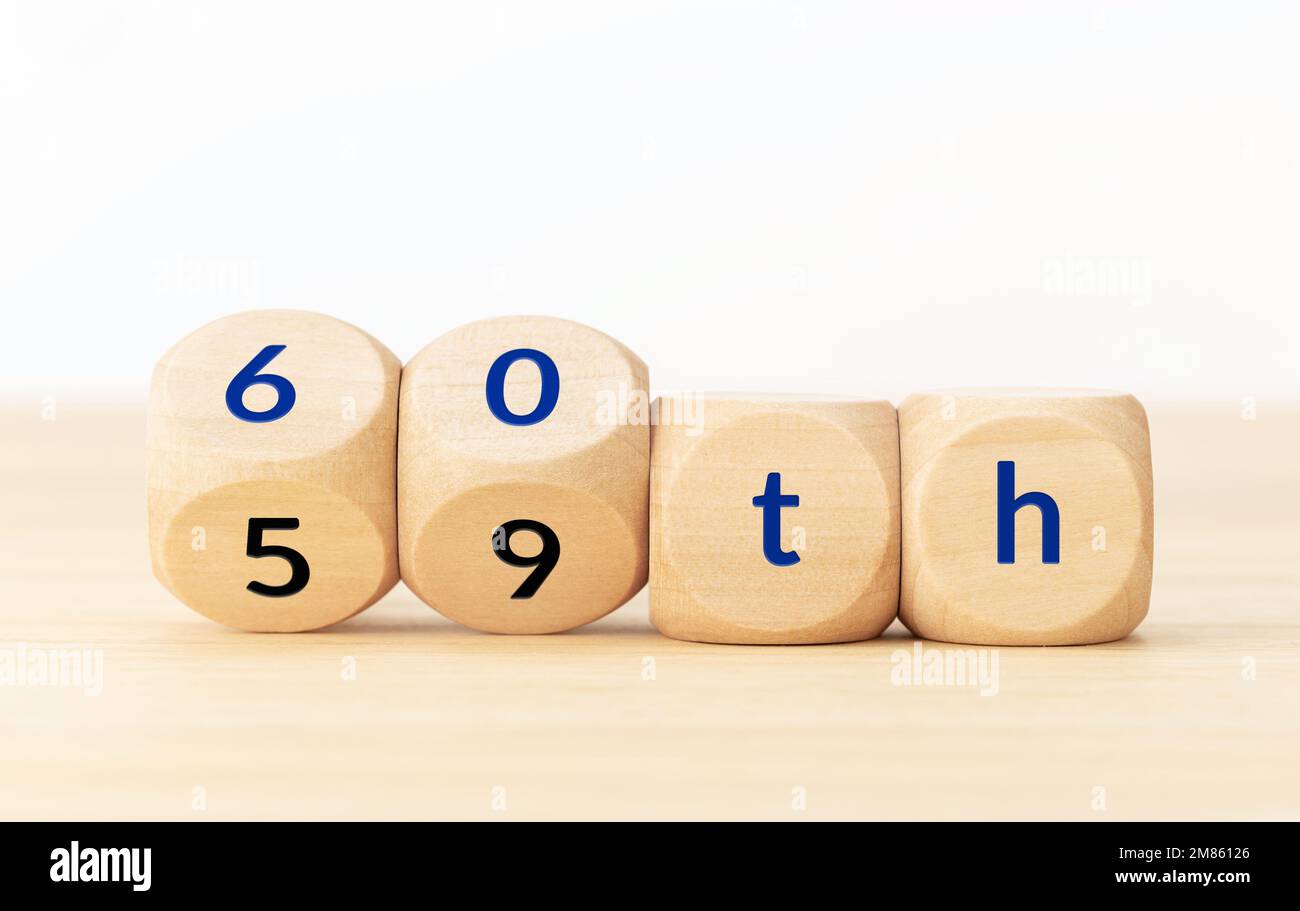Turning 60 years old concept. Text on wooden blocks and changing dices. Copy space Stock Photo