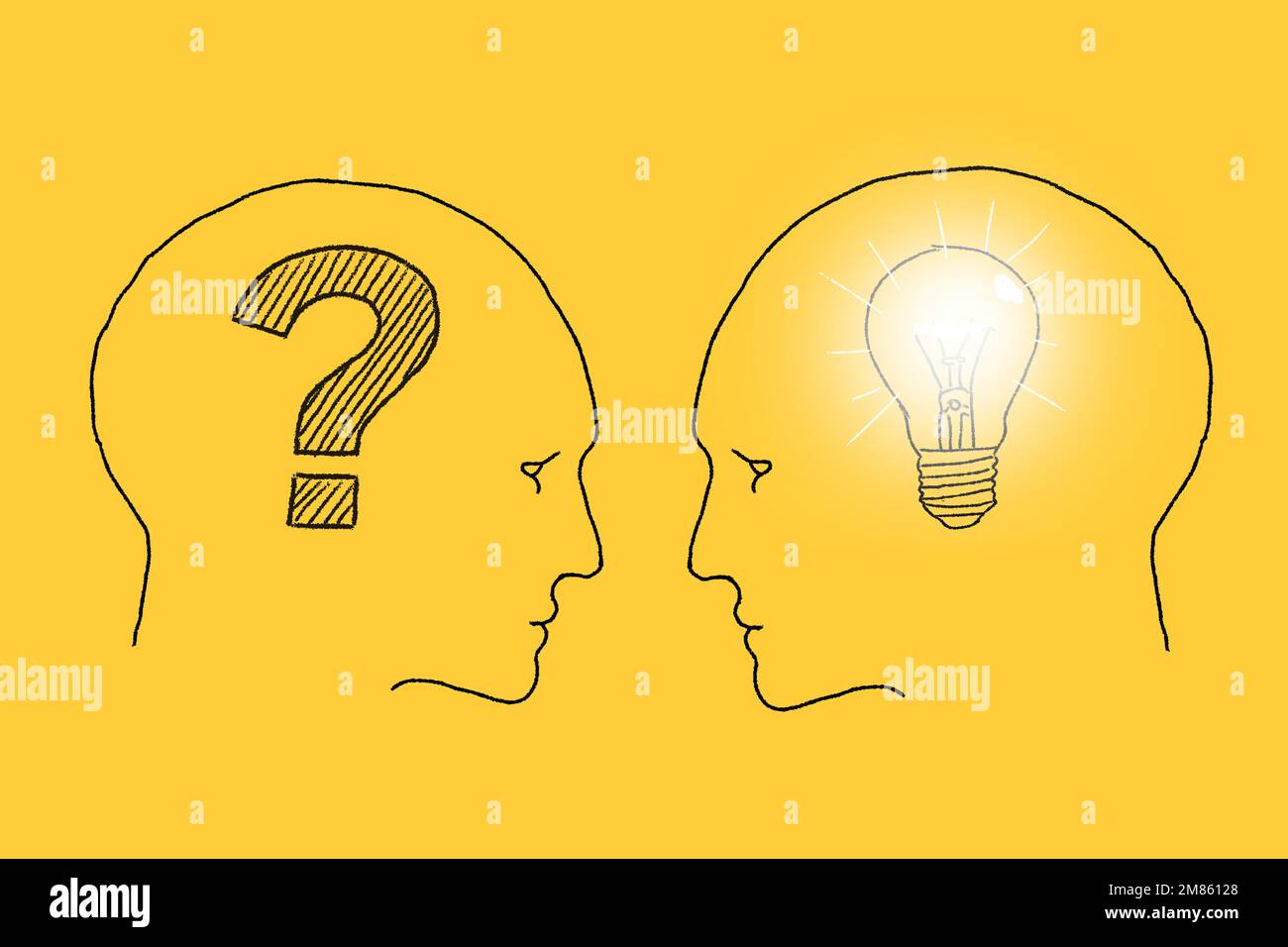 Two human heads face to face. Left head with question mark inside and right head with lightbulb inside. Illustration drawn on a yellow background. Ide Stock Photo