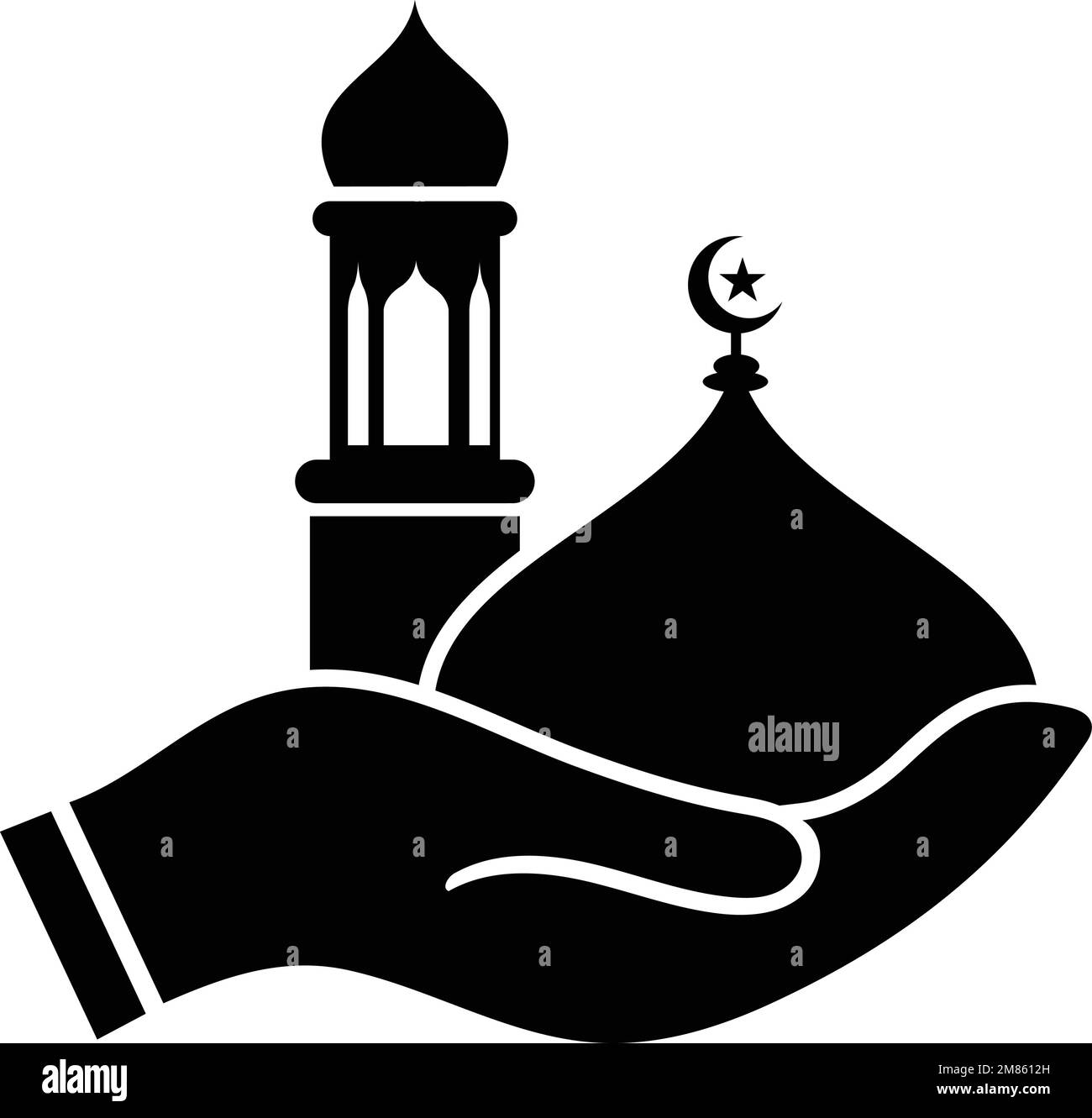 Hand holding mosque dome with minaret icon vector. Stock Vector