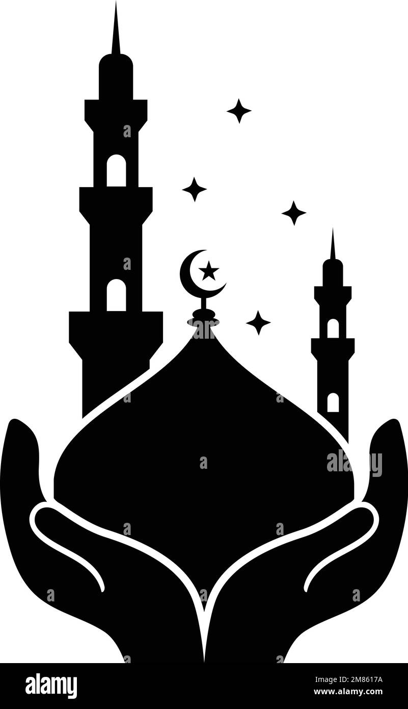 taj mahal vector illustration. Mosque dome with minar icon. Hand holding mosque. Islamic festival. Stock Vector