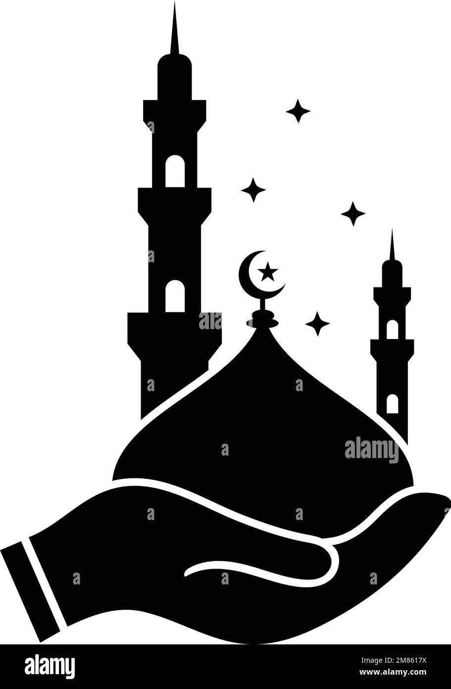 silhouette of mosque, luxury design. One hand holding Mosque dome with minar and stars. Islamic festival related design. Stock Vector