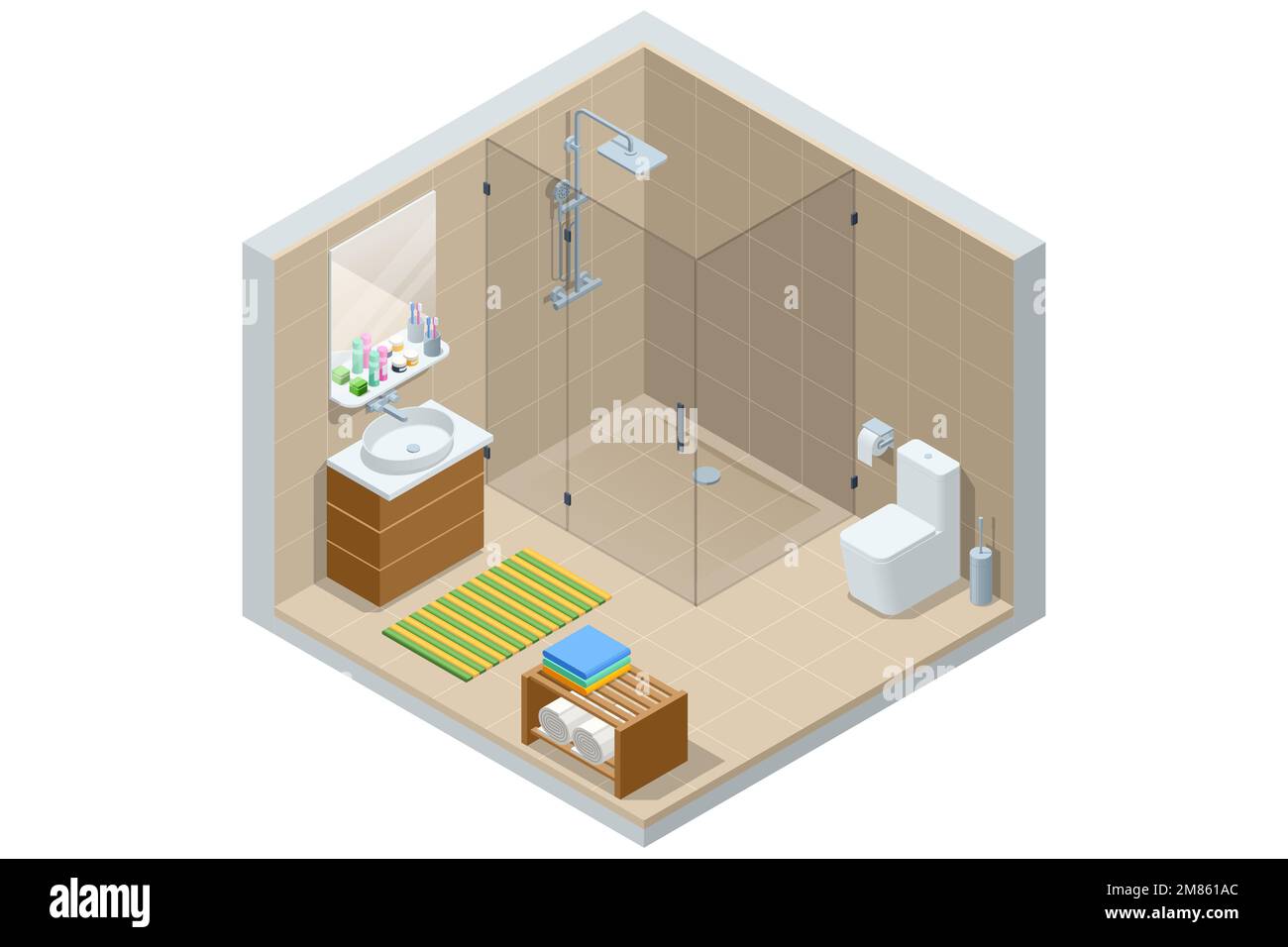Isometric modern bathroom interior with a white toilet, mirror, sink, and shower cabin. Stock Vector