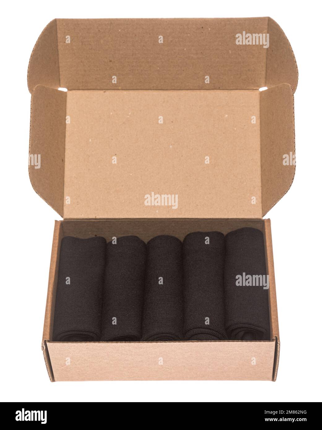 Open foldable corrugated postal box with 5-pack black socks isolated on white background Stock Photo