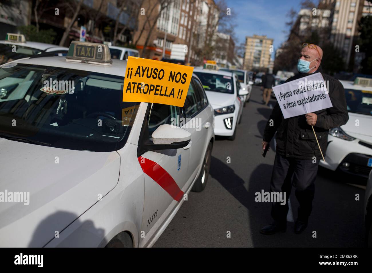 Madrid, Spain. 12th Jan, 2023. Taxi drivers seen during the demonstration. Taxi drivers organized a protest that toured some streets of Madrid against the new regulation for taxi drivers, by the president of the Community of Madrid Isabel Diaz Ayuso. Credit: SOPA Images Limited/Alamy Live News Stock Photo