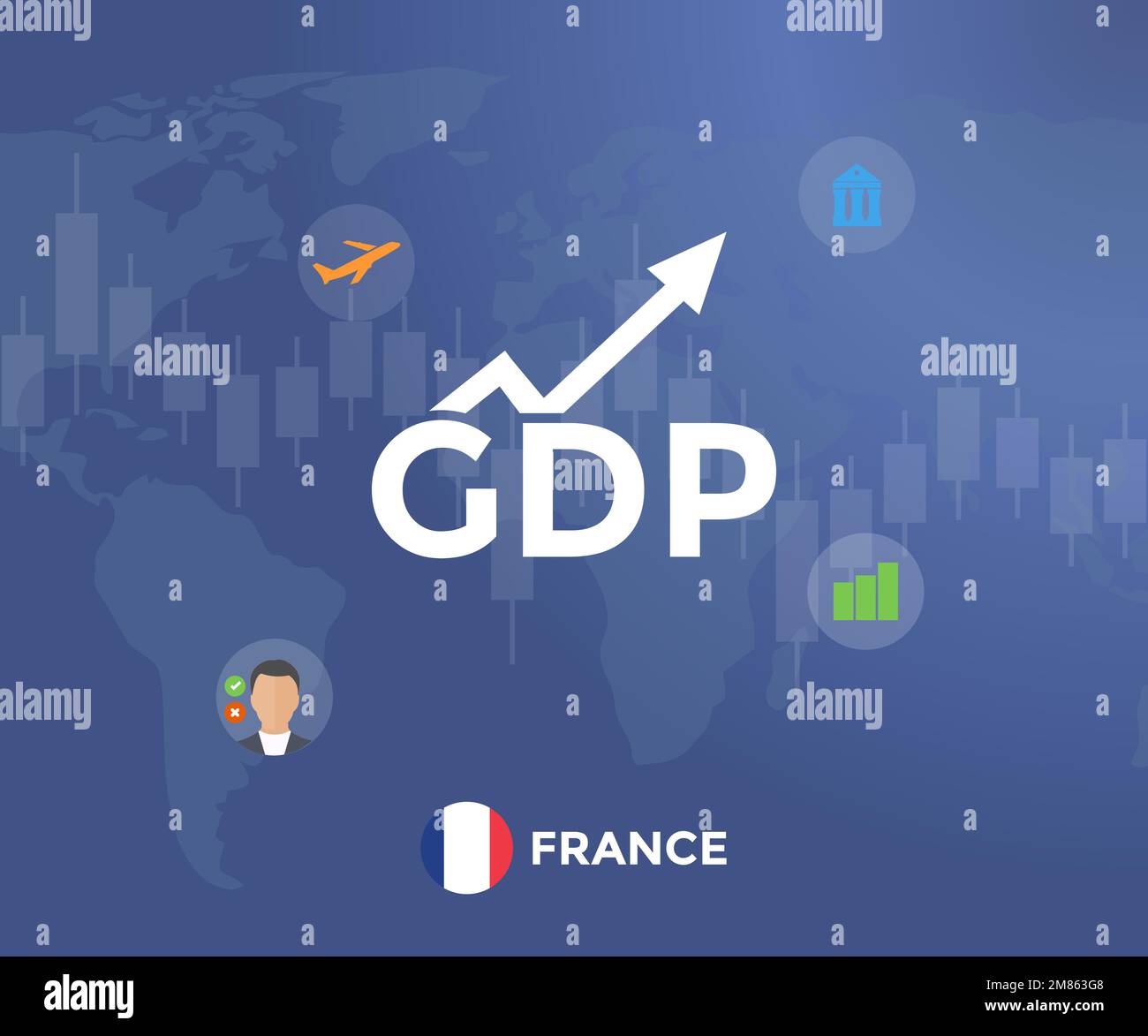 Gross Domestic Product (GDP) of french flag and map logo design. Economic gdp growth domestic product. Global economy, national budget, recession. Stock Vector