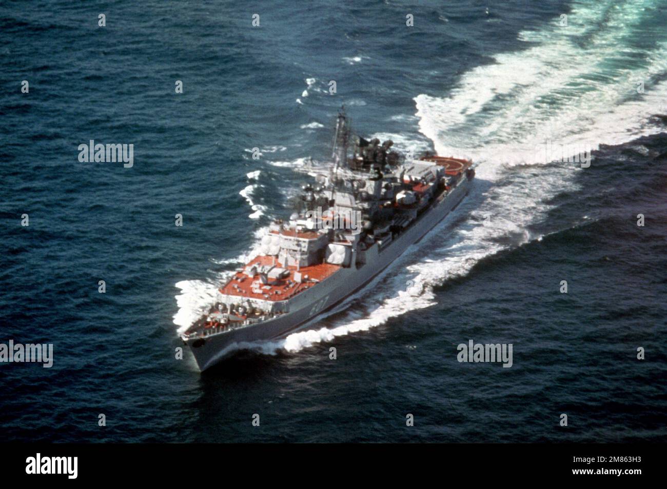 A port bow view of a Soviet Kresta II Class guided missile cruiser ...