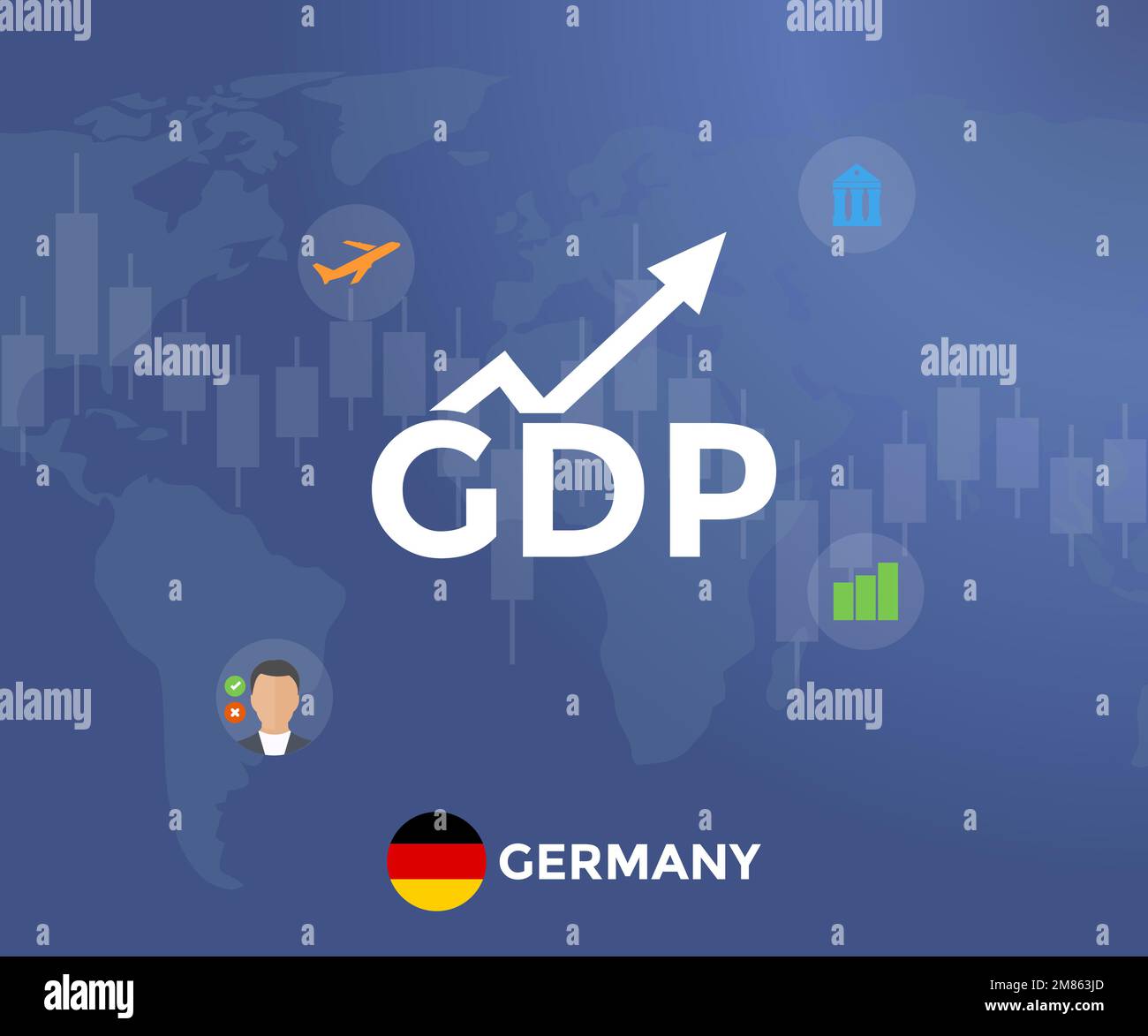 Gross Domestic Product (GDP) of Germany flag and map logo design. Economic gdp growth domestic product. Global economy, national budget, recession. Stock Vector