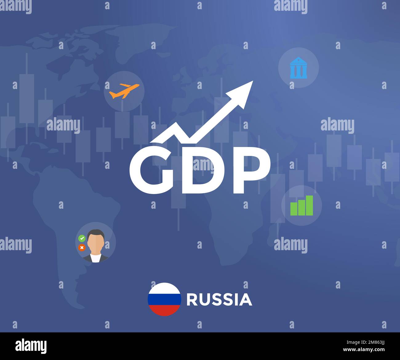 Gross Domestic Product (GDP) of Russia flag and map logo design. Economic gdp growth domestic product. Global economy, national budget, recession. Stock Vector